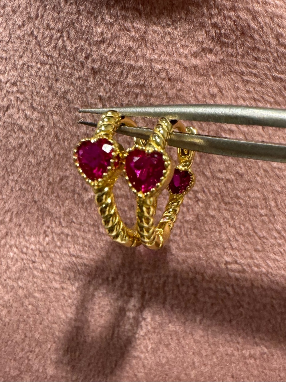 ❤️925 Gold Vermeil Inside Out Heart Huggies Ruby CZ